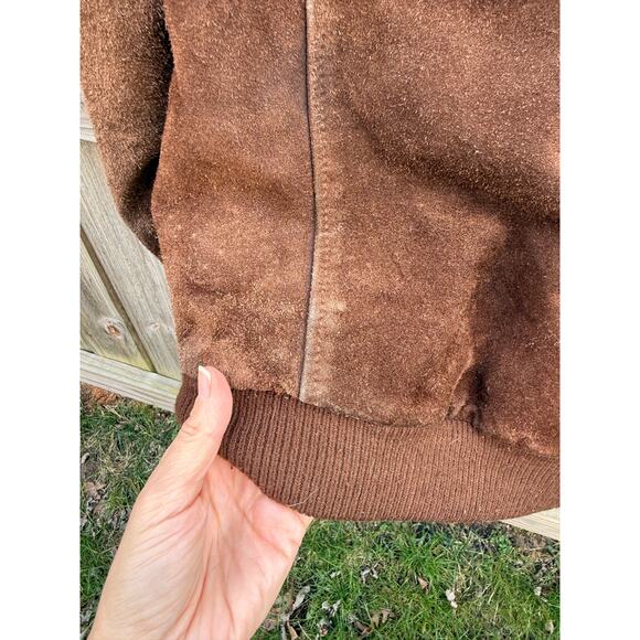 Vintage Suede Bomber Jacket Leather Collar Plaid Lining Brown Size M - Picture 9 of 10